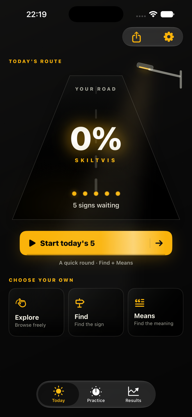 Skiltvis home screen showing 0% progress and Today's 5