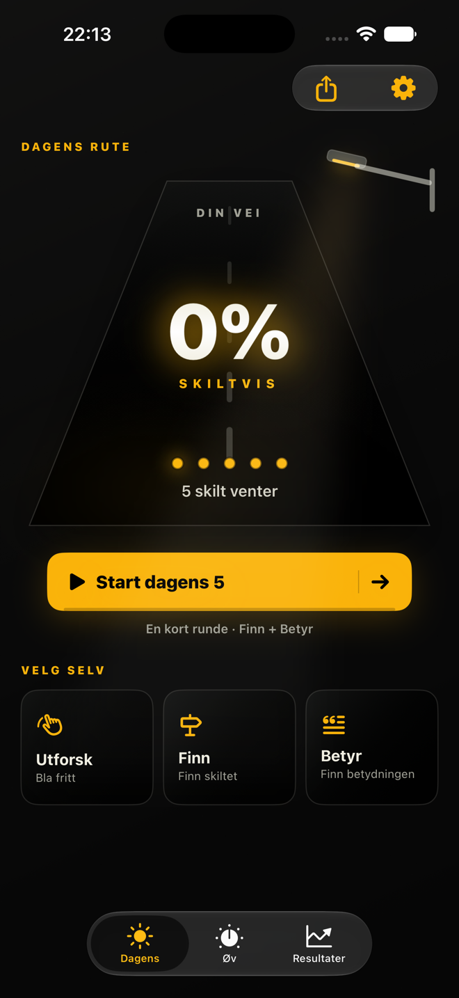 Skiltvis-forsiden med 0 % fremgang og Dagens 5